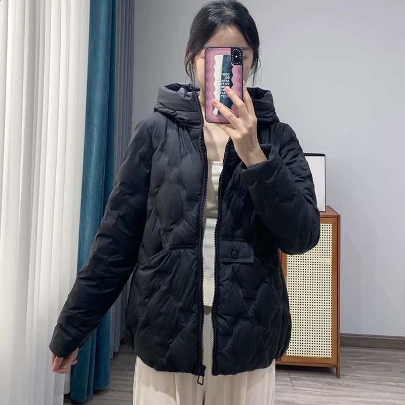 Janveny Winter Hooded Loose Pressure Adhesive Inflatable Jacket for Women Warm Ultra Soft 90% White Duck Down Short Coat 240823