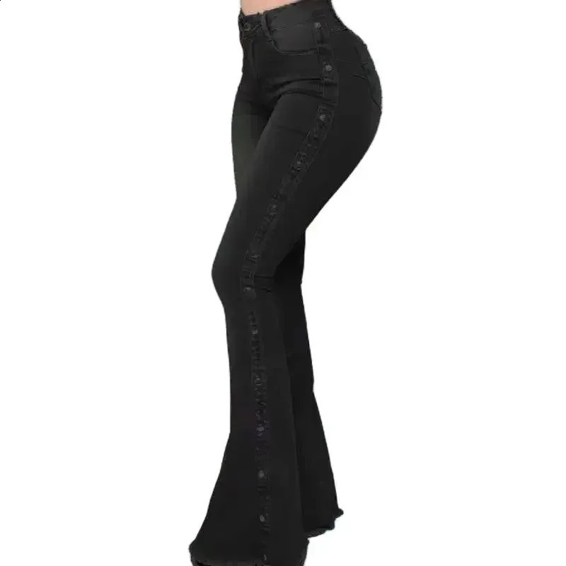 Fashionable side buckle decorative flange jeans womens wide leg Trouser high waisted daily casual chic streetwear 240823