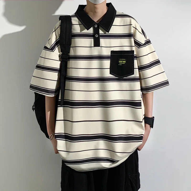 2024 Summer Men POLO Shirt Trend Loose Clothing Students Short-sleeved T Shirt Tops Round Neck Five-quarter Sleeve Harajuku 240814