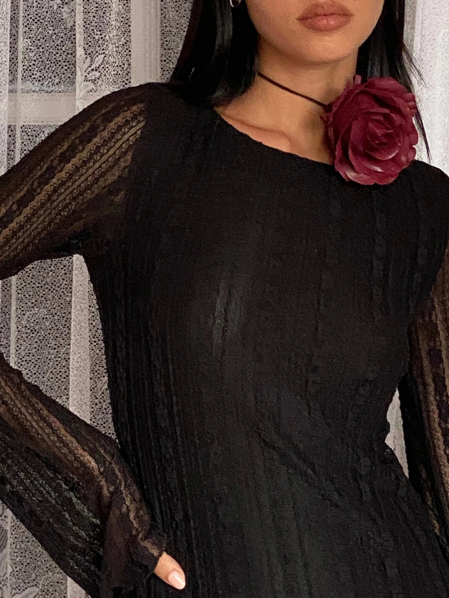 Fashion Vintage Women Long Sleeve Open Back Lettuce Trim Solid Color Short Dress Lace Mini Dress Sexy Clubwear vestidos 240823