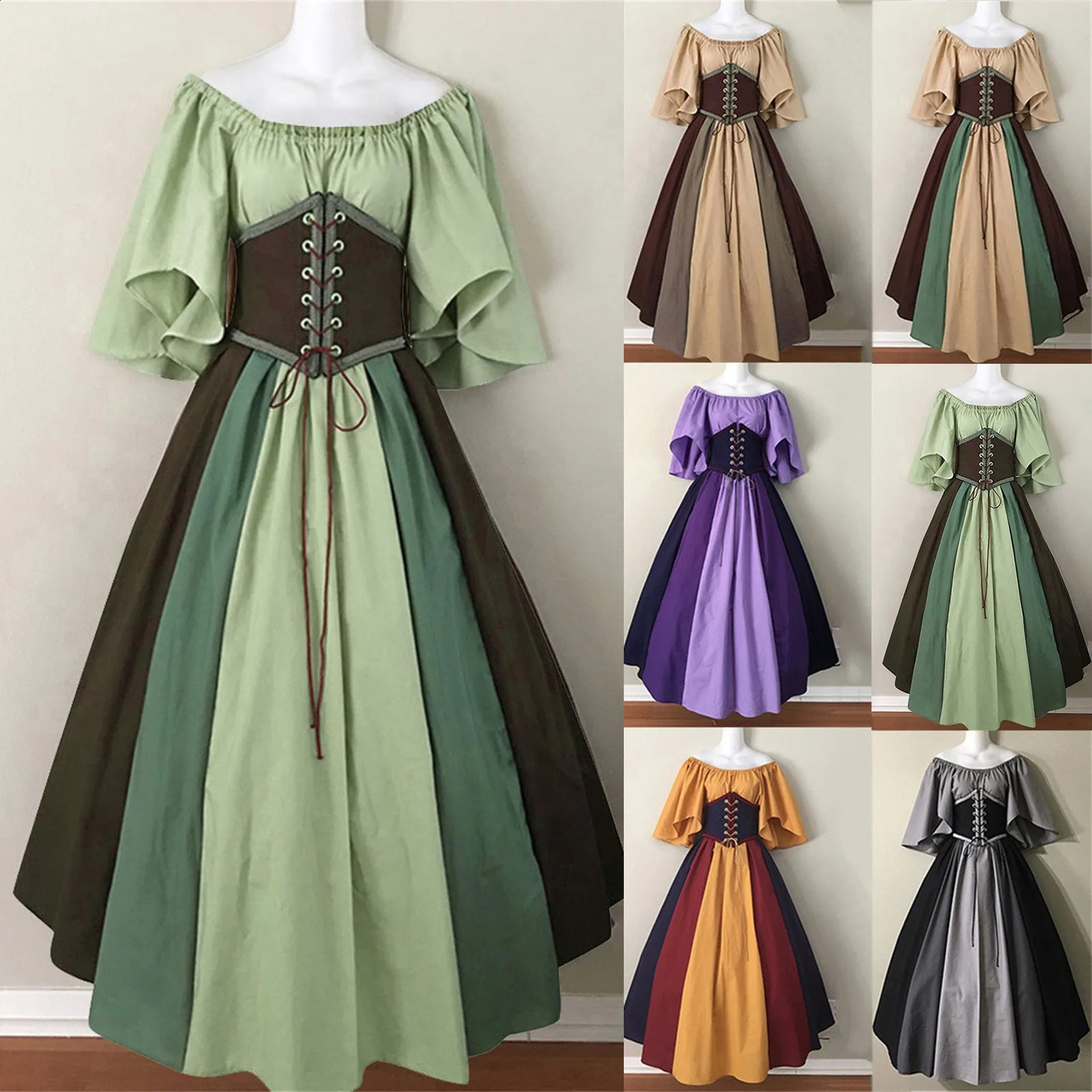 Womens Gothic Dress Medieval Trumpet Sleeve Tight corset Renaissance Halloween Role Playing Costume w240824