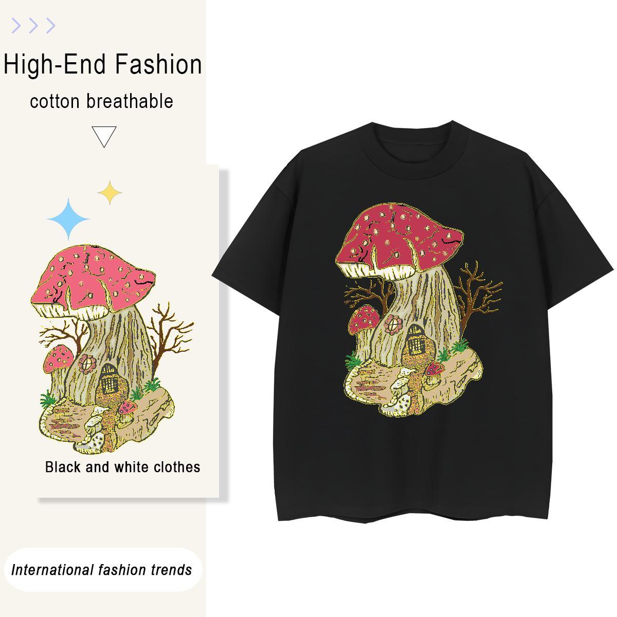 2024 Summer Men Tops Tees mushroom Daily Outfit 230g Pure Cotton Tees Shirts Breathable Short Sleeve Soft T-Shirts Black Oversized