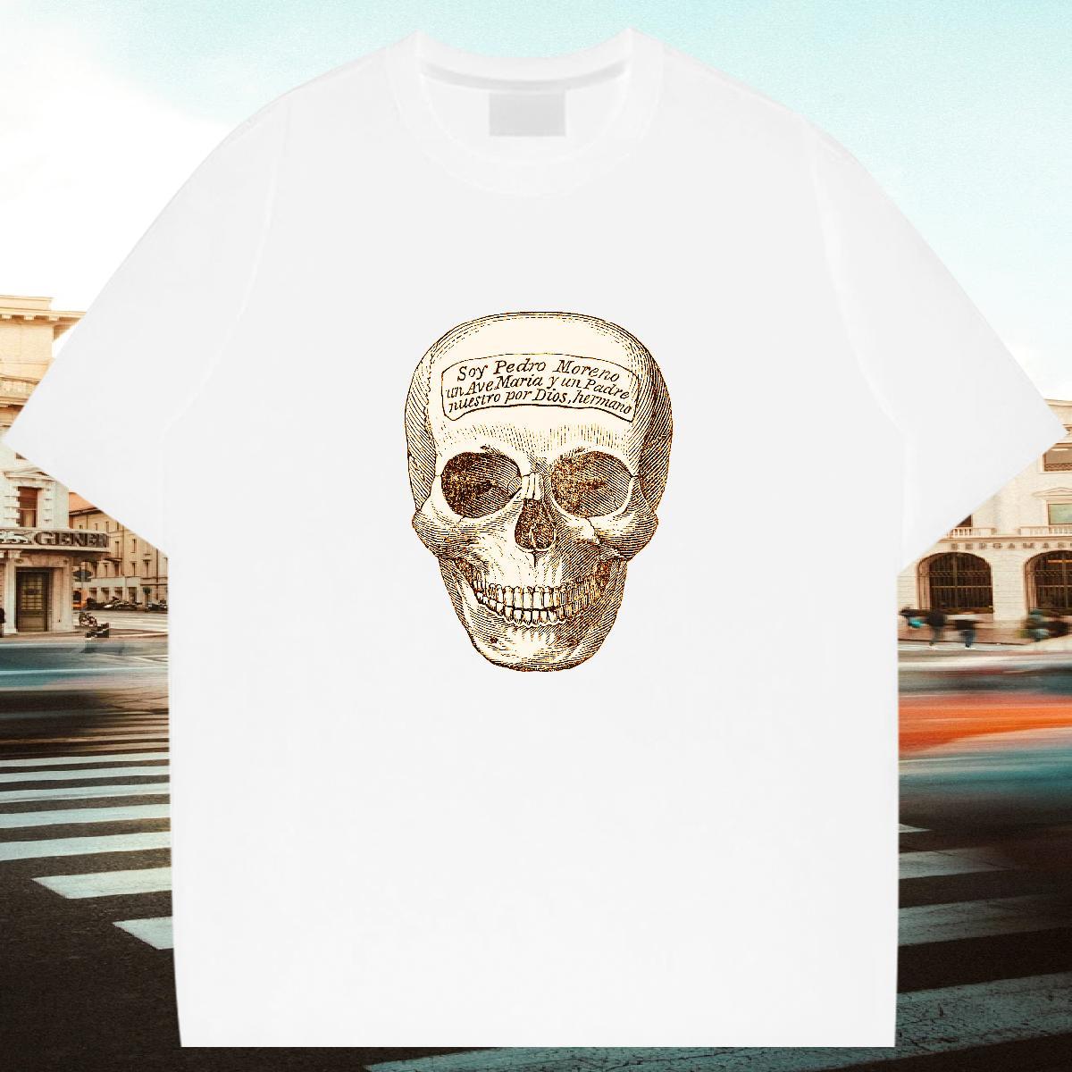 TOP Quality T Shirts Men 230g Pure Cotton skull Daily Wear Floral Print Breathable Short Sleeve Tshirts 2024 Summer Polos