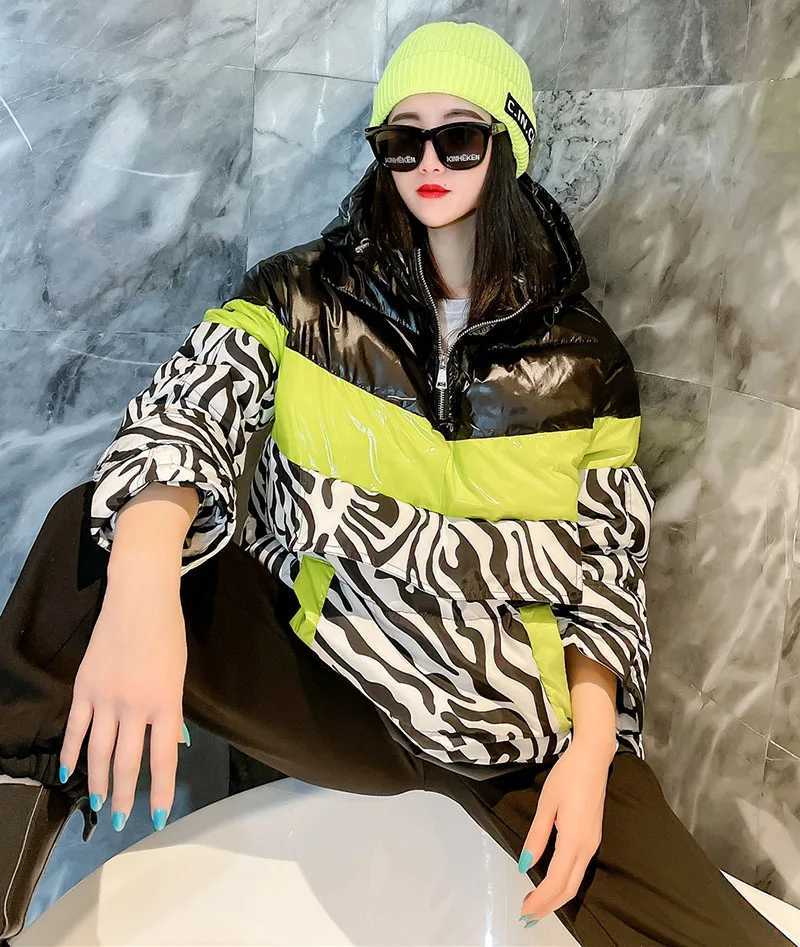 Women's Down Parkas Parka womens winter down jacket Stilysh zebra print jacket Coats womens long hooded jacket thick cotton padded jacket Y240824
