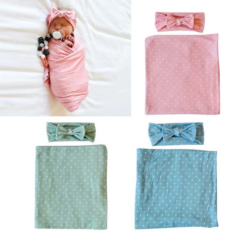 Newborn Receiving Blanket Bowknot Headband Set Baby Infant Cotton Sleeping Bag Swaddle Wrap Hairband M240824