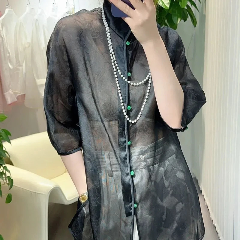 Spring and Autumn Chinese Style Minimalist Fashion Mid to Long Blouses Stand Up Collar Solid Color Button Womens Shirt Top 240823