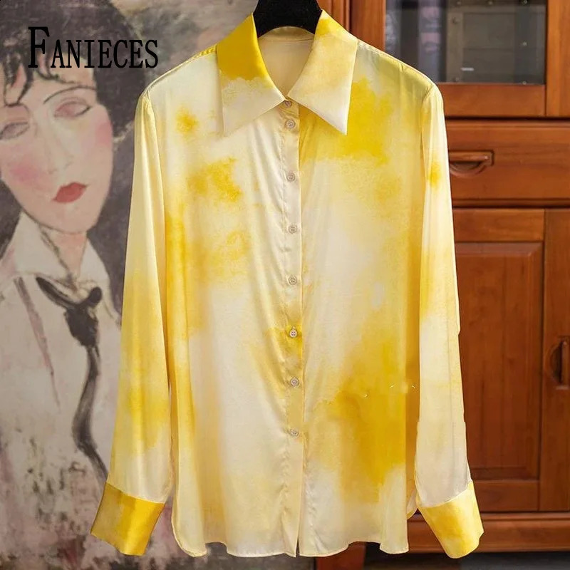 Gradient Yellow Satin Summer Shirt for Women Long Sleeve Spring Autumn Elegant Woman Blouses Office Ladies Tops blusas para 240823