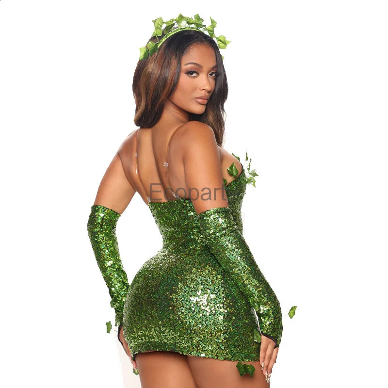 Womens Halloween Poison Villain Costume y Sexy Green Elf Role Playing Glitter Dress and Leaf Ladies Carnival Party w240824