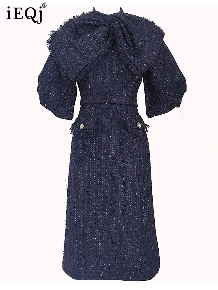 IEQJ Bownot Tassel Spliced Puff Sleeve Tweed Dresses For Women Vintage Elegant High Waist Slim Dress Clothing 3WQ7259 240824