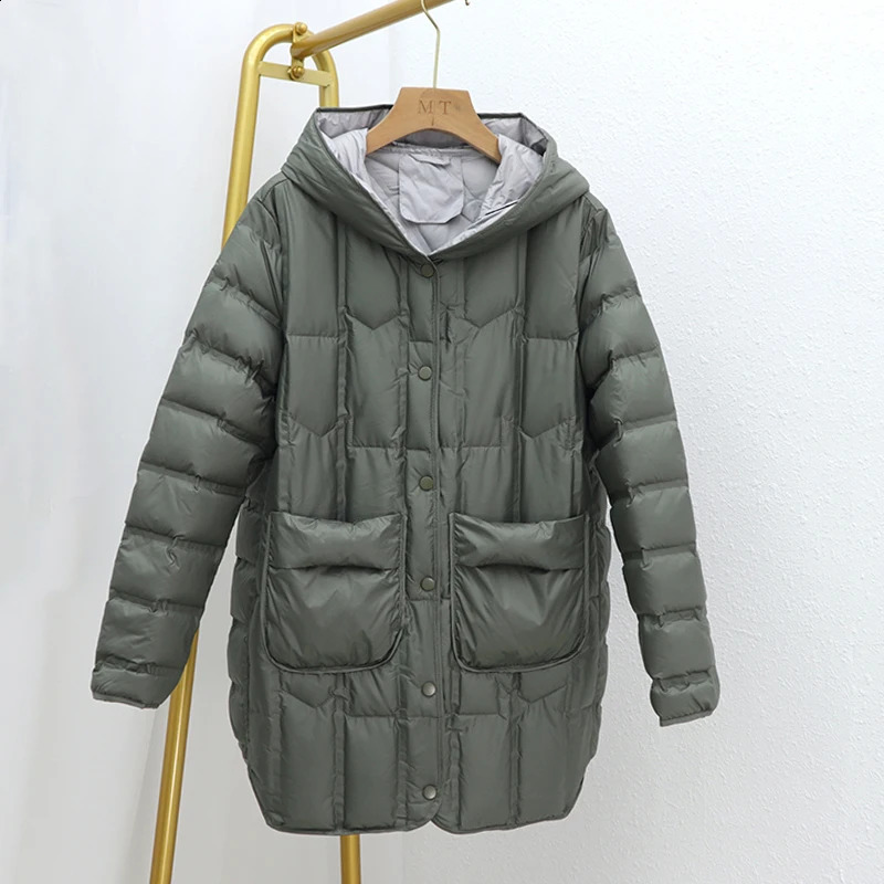 Autumn and winter womens mid length hooded inflatable coat ultra light white duck down jacket single chest park 240823