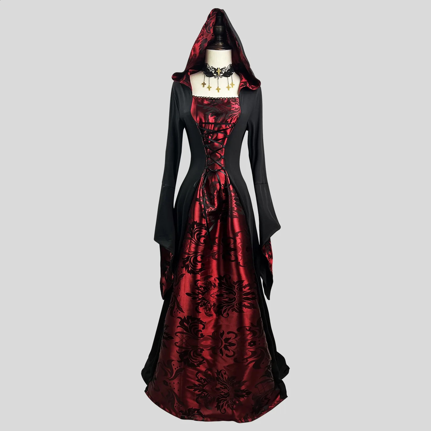 Medieval retro Gothic hoodie witch long leather y womens party dress cosplay Halloween adult costume 240823