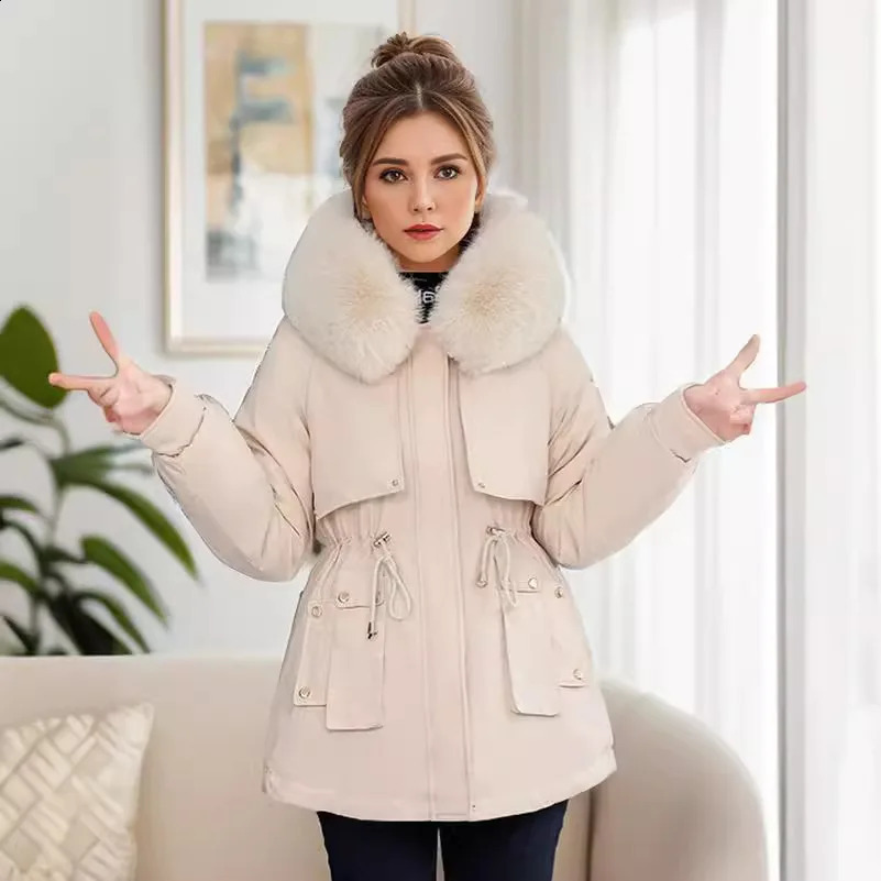 YJKDYK Winter Womens Apron Jacket Fur Collar Warm Parkes Coat Top Drawstring Waist Bordered Cotton 240823