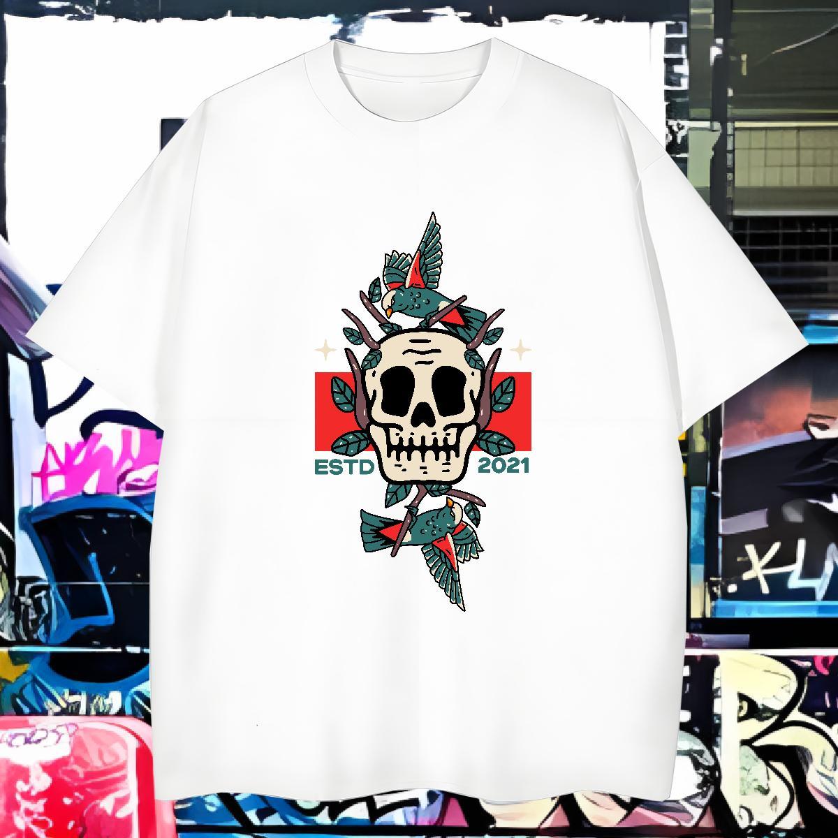 Cool T-Shirts for Men 230g Pure Cotton skull High Street Hip Hop Asian Size Breathable Short Sleeve Men Tops Tees DIY Tshirts