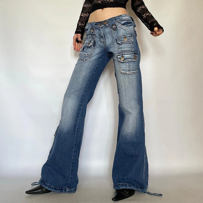Cibbar y2k Distressed Jeans 90s streetwear pocket patch work low denim cargo pants retro 2000s mom jeans autumn clothing 240823