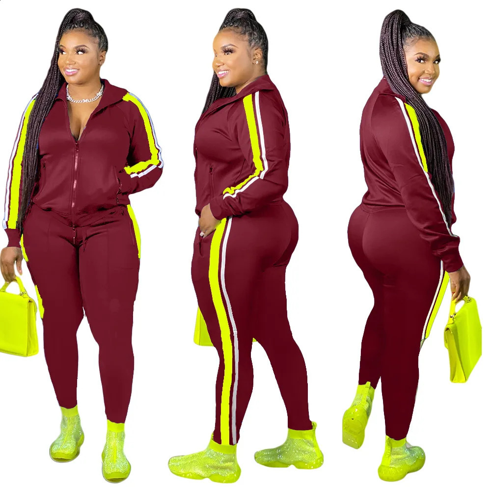 L-4XL Sport large plus size two piece set women clothing Splicing zip long sleeve top and pants suit Wholesale dropshopping 240823