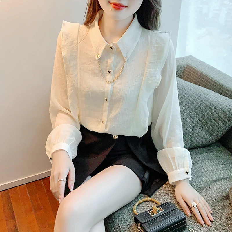 Spliced Ruffle Edge Chain Turn Down Collar Top Loose Long Sleeve Shirt And Blouse OL Elegant Casual French Woman Clothing Solid 240823
