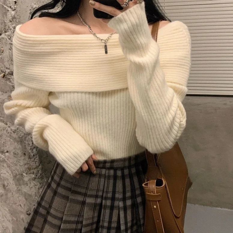 Off Shoulder Knitted Sweater Women Long Sleeve Elegant Pullovers Autumn Winter Pure Color Fashion Sexy Y2k Clothing Tops Korean 240824