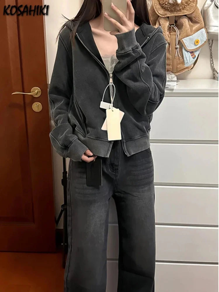 Grunge Solid Y2k Aesthetic Hoodies Harajuku Vintage Double Zipper Jacket Autumn Fashion Cropped Sweatshirt Japanese Streetwear 240824