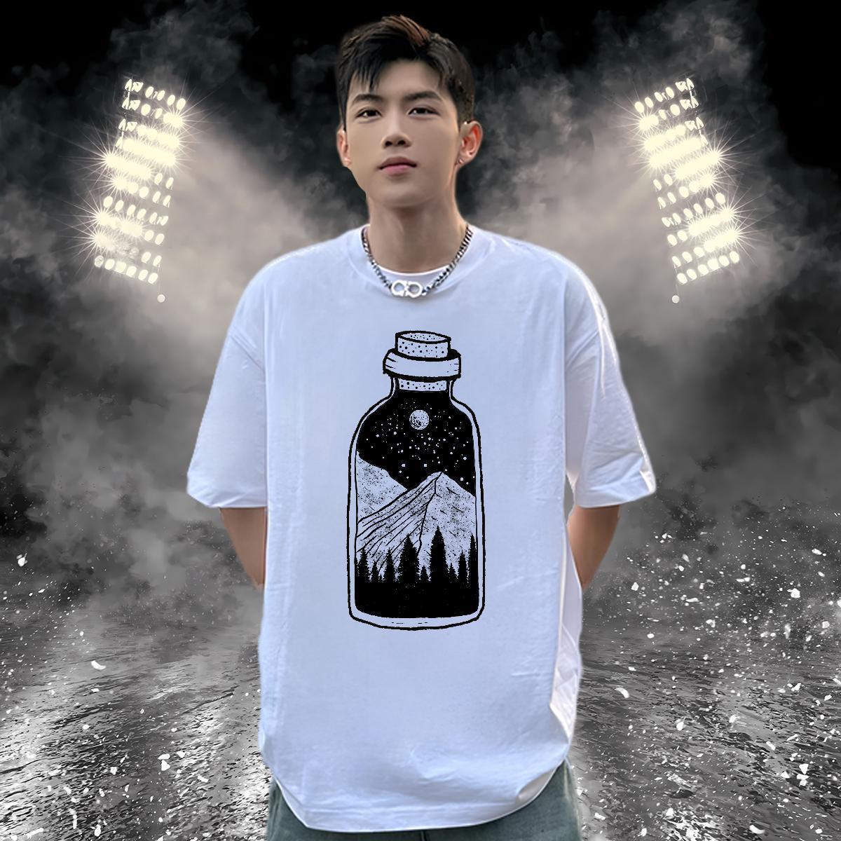 Loose T-Shirts for Men 100% Cotton 230g mountains High Street Hip Hop White Plus Size Breathable Short Sleeve Couples T Shirts 2024 Tee Shirt