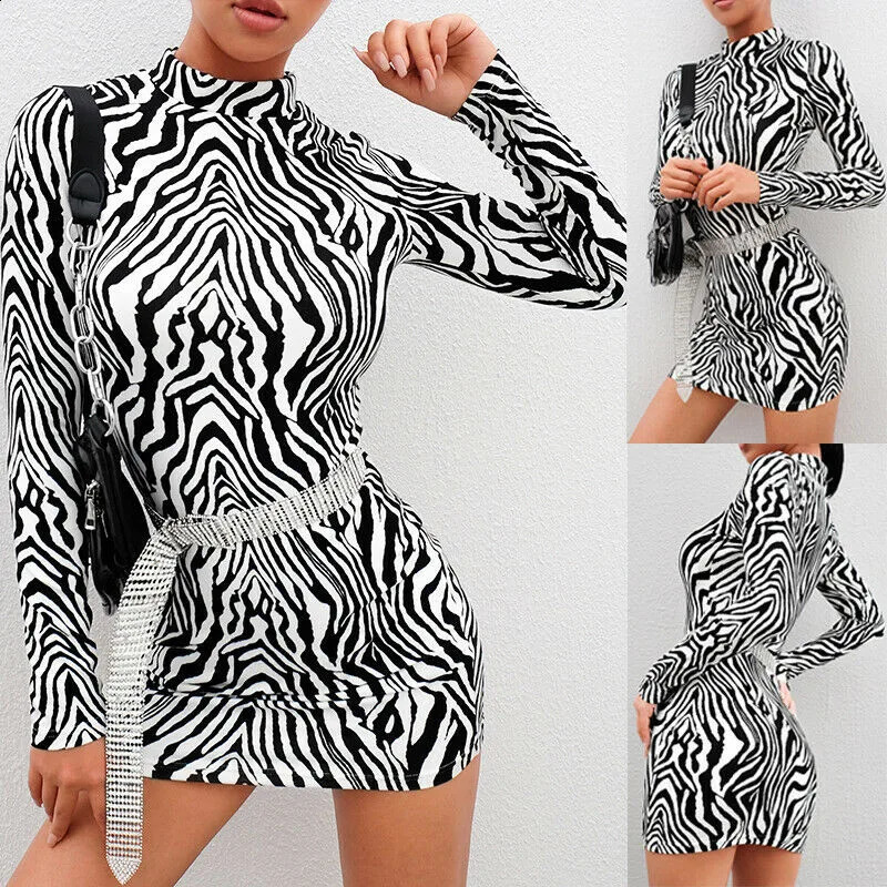 Fashion Sexy Women Bodycon Long Sleeve Zebra Striped Dress Clubwear Print Turtleneck Slim Dress Evening Party Mini Pencil Dress 240823