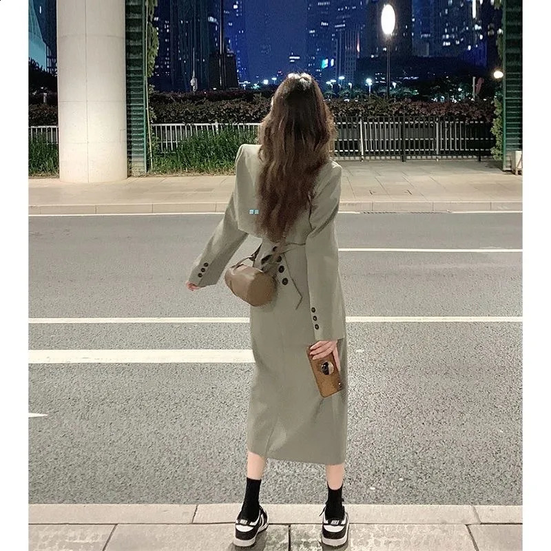 Two Pieces Fashion Suits For Women Long Sleeve V Neck Coat Splits High Waist Long Skirt Solid Color Streetwear Women Suits 240823