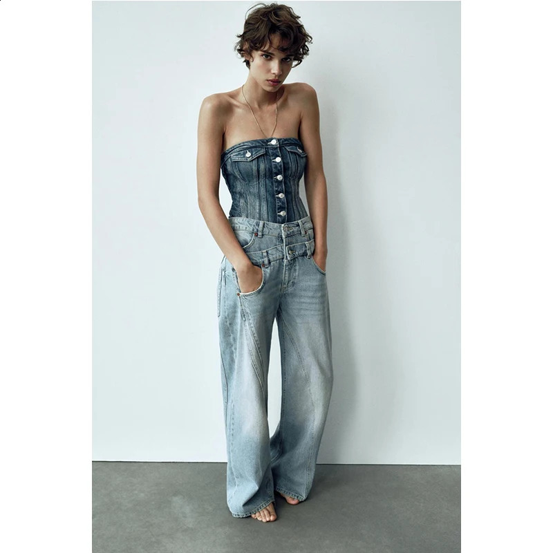 High waisted retro blue womens jeans with spliced work wide leg pants casual bag from culture denim 240823