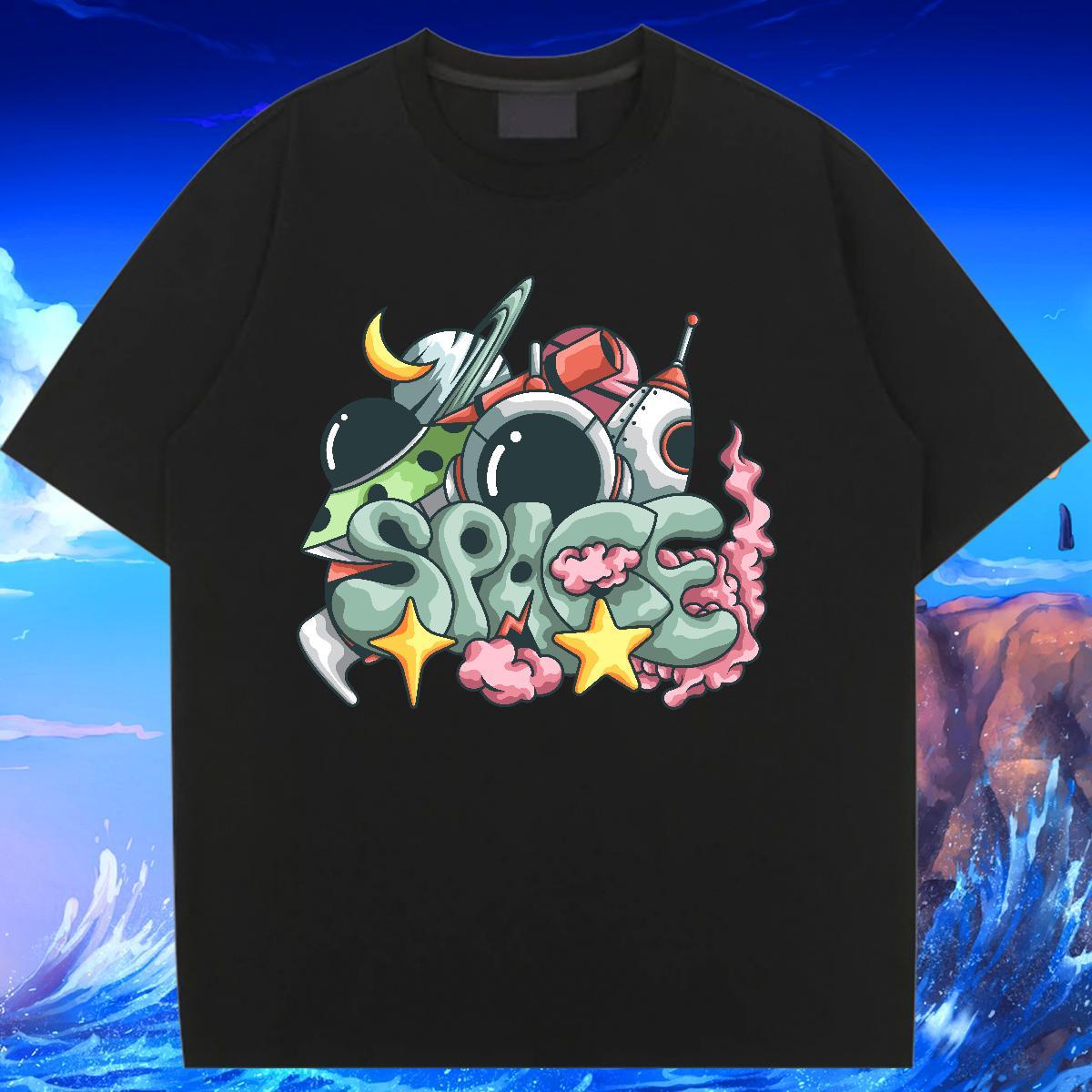 Soft Women Tshirts 230g Pure Cotton cosmonaut Summer Casual T Shirts Women Crew Neck Breathable Anime Tops Shirt