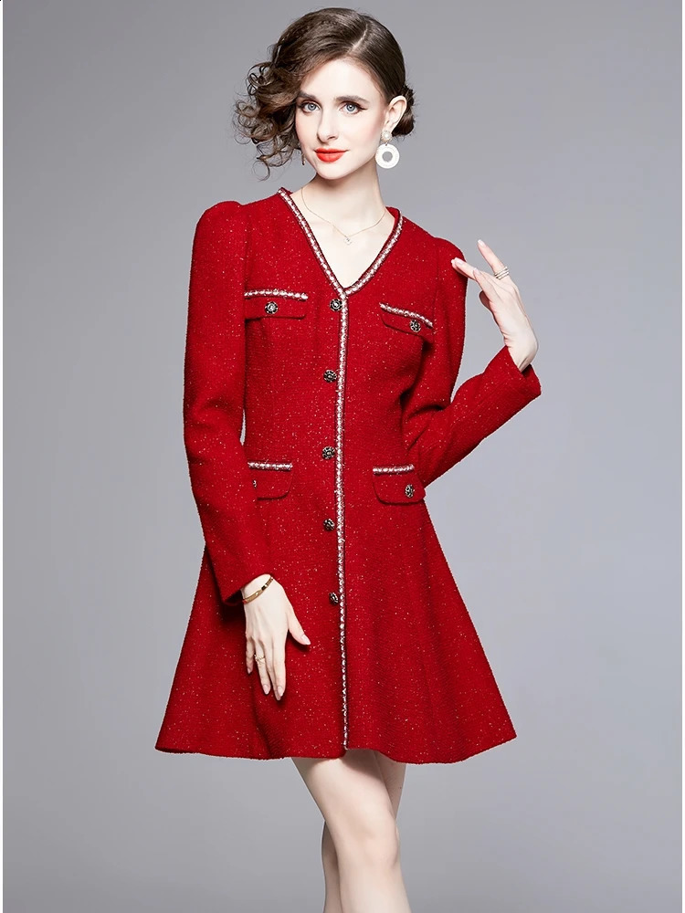 Fashion Runway Small Fragrant Red Tweed Dress Womens V Neck Long Sleeve Weave Woolen Vintage Buttons Mini A Line Vestidos 240824