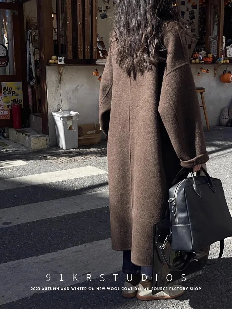 Korea Woolen Long Jackets Coats Tops Winter Laper Double Breasted Abrigos Casual Chaquetas Overcoat Classic Women Warm Casacos 240823