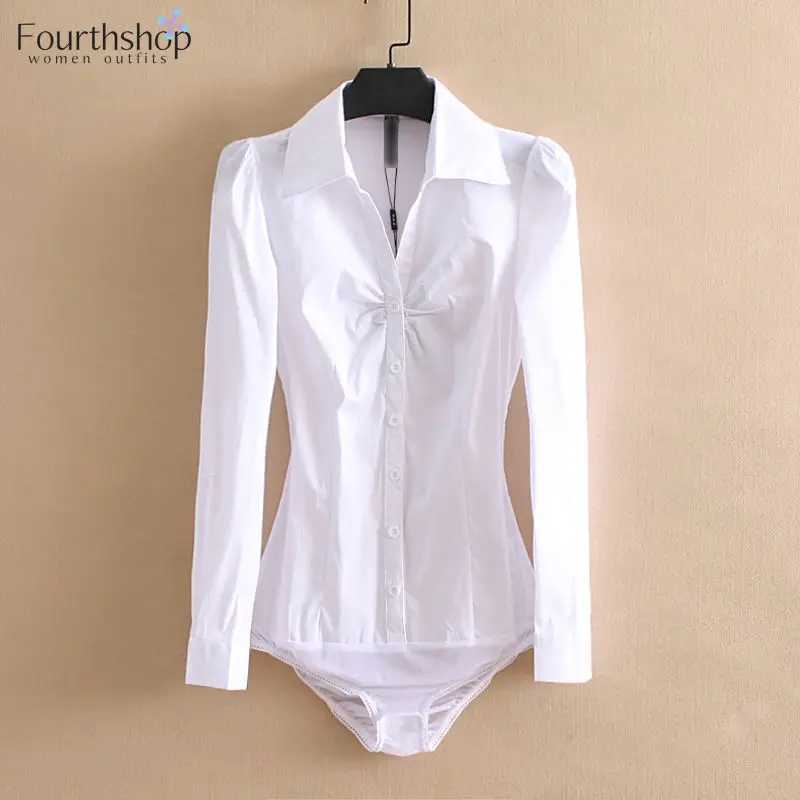 Women's Jumpsuits Rompers Solid White Color Long Slve Bodysuit Women Office Lady Business Work Tops And Blouses Female Jumpsuit 2021 Fashion Romp