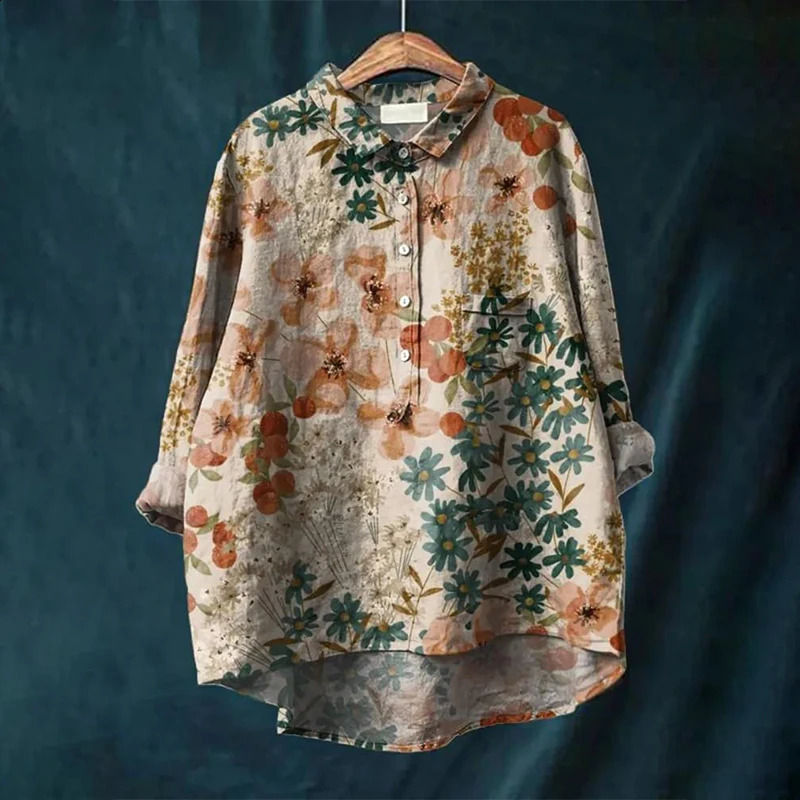 Summer Womens Retro Colorful Hen Art Long Sleeve Pocket Shirt Hawaiian Style Printed Vneck Top 240823