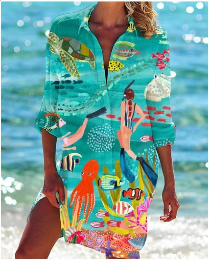 Flower Bird Print Blouse Button Up Long Sleeve Shirt Blouses Women Fashion Long Blouse Bohemian Vocation Shirts Sunscreen Loose 240823