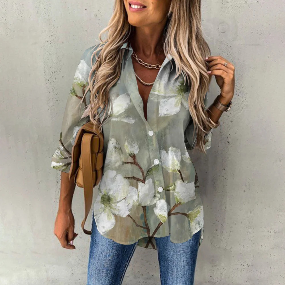 Elegant Womens Blouse Oil Painting Floral Printing Long Sleeves Trendy Lapel Button Up Shirts Blusa Mujer Office Daily Tops 240823