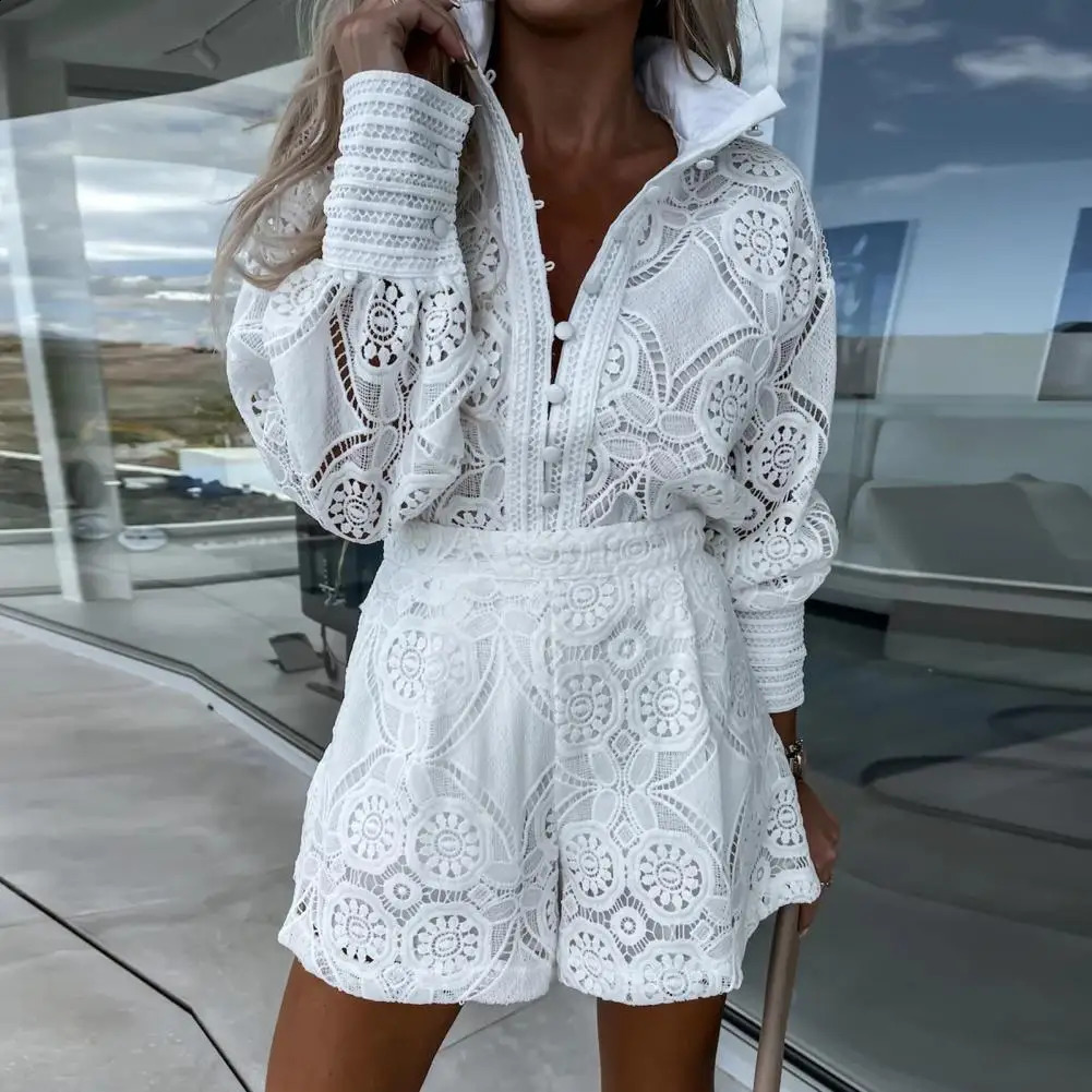 2-piece/set stand up collar long sleeved womens dress single chest high waist embroidery hollow lace shirt wide leg short sleeved set 240903