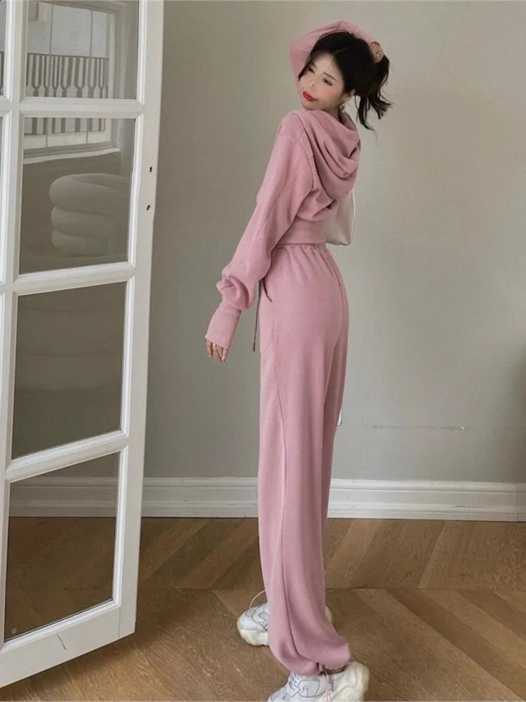 Autumn Casual Pink Hooded Sweatshirts Women Coat Double Zip Up Hoodies Crop Top Drawstring Waist Sweatpant Grey Harem Pants Wild 240824