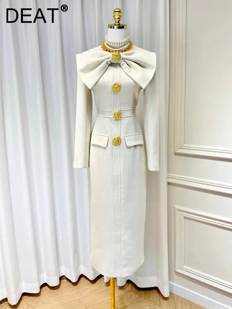 DEAT Bow Spliced Beading Dress For Women Solid Color Round Collar Long Sleeve Tweed Dresses Female Spring Fashion 15KB6239 240824