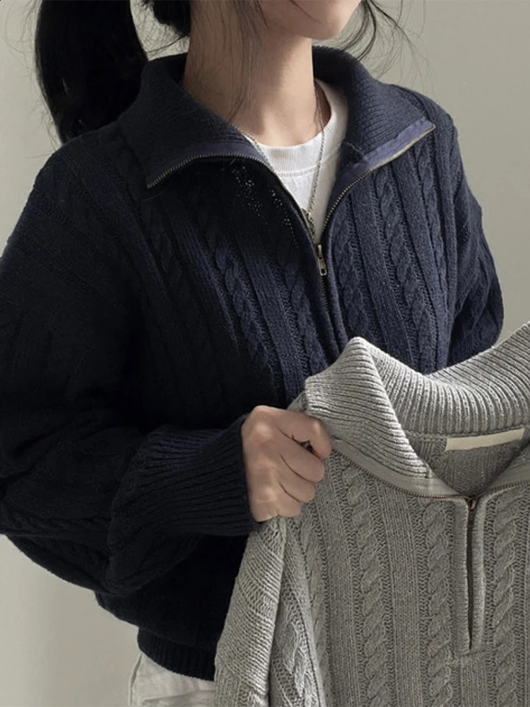 Women Autumn Solid Color Sweater Half High Collar Knit Pullover Baggy Long Sleeve Zipper Lady Knitwear BF Oversize 240824