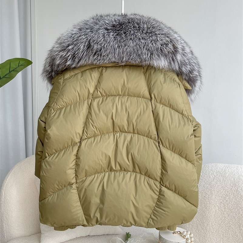 ANNSIRGRA Womens Winter Coat White Duck Down Jacket Super Large Real Silver Fox Fur Collar Knitted Sleeve Fashion Outerwear 240823