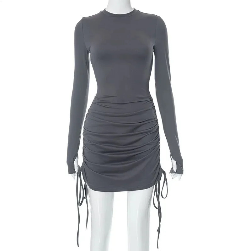 Y2k Summer Fashion Sexy Party Vestidos Ruched O Neck Long Sleeve Bodycon Dress Women Drawstring Bandage Mini Dresses 240823