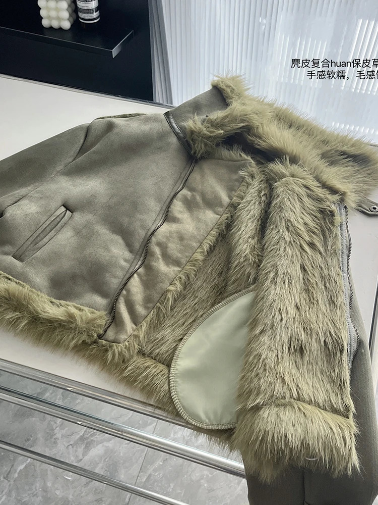 American Retro Woolen Coat TurnDown Collar Vintage Long Sleeve Green Leather Jacket Cozy Outerwear High Street Autumn Winter 240823