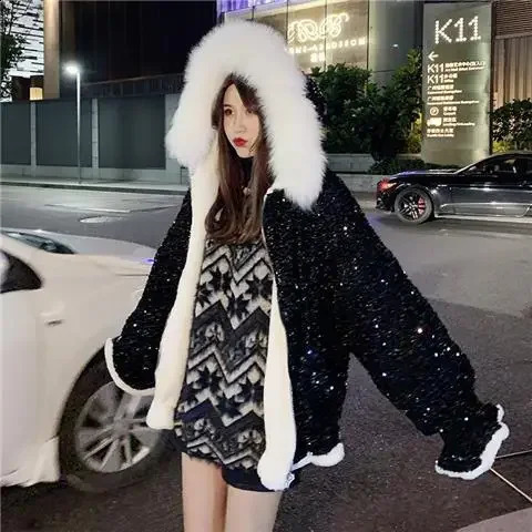 Womens Parkas Fashion Korean Winter Thick Glitter Solid Zipper Loose Full Sweet Keep Warm Girl Small Fresh 240823