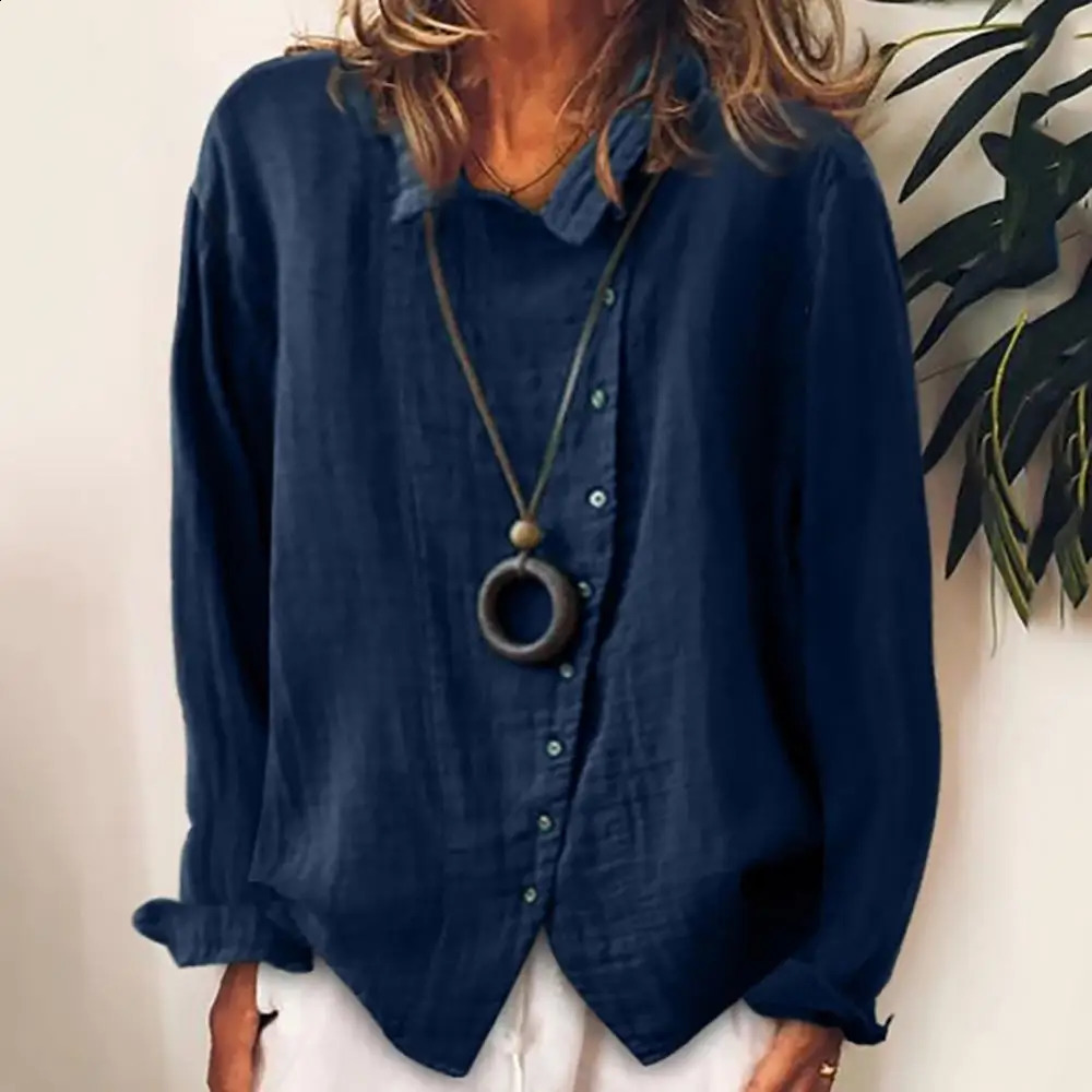 Women Harajuku Shirt Solid Color Long Sleeve Irregular Single-breasted Cotton Linen Shirt Blouse Blusas Mujer 240823