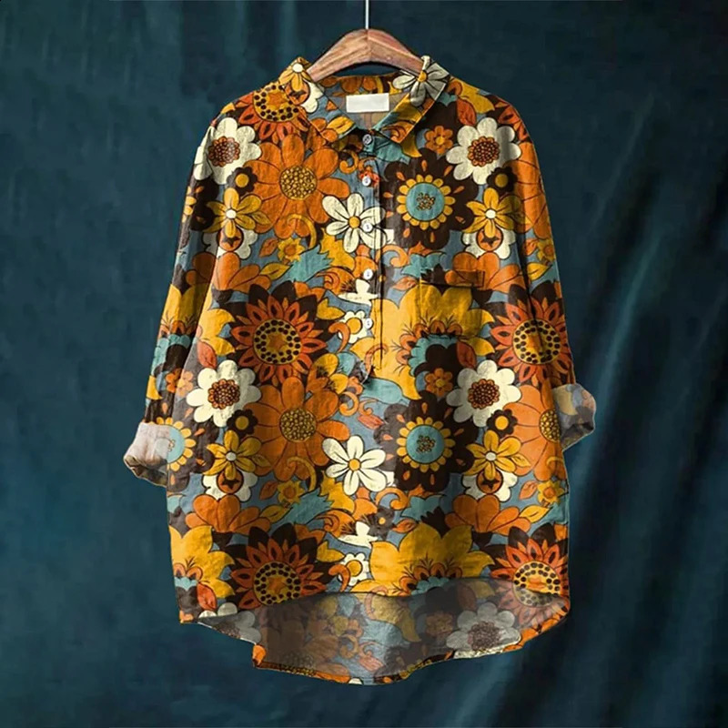 Summer Womens Retro Colorful Hen Art Long Sleeve Pocket Shirt Hawaiian Style Printed Vneck Top 240823