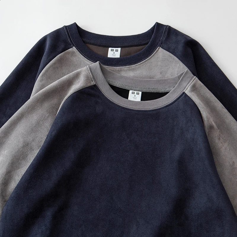 Suede Crew Neck Hoodie Autumn and Winter Heavy Fashion Casual Raglan Sleep Unisex 240823