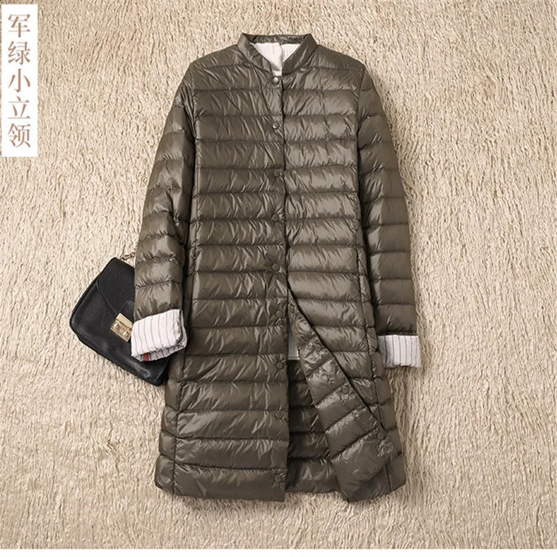 Womens Single Chest Midi Long Coat Autumn Ultra Light Down Jacket Parka White Duck SE593 240823