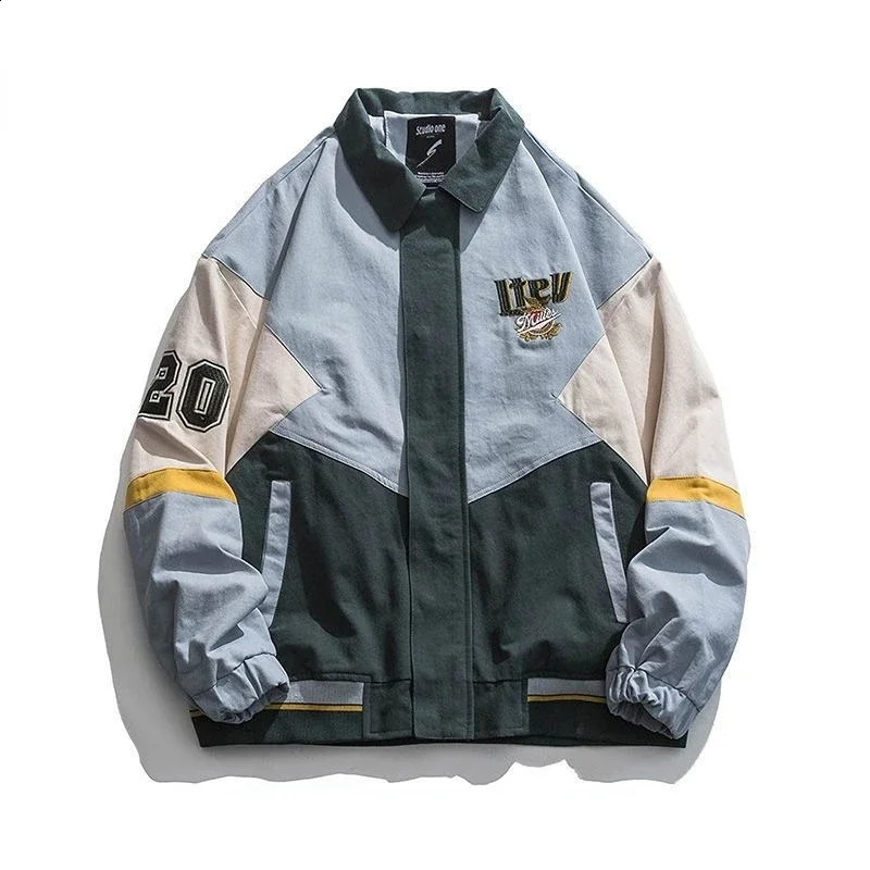 American street mens bomber jacket embroidered color comparison loose pilot Spring and Autumn Hip Hop Korean Fashion Neutral 240824