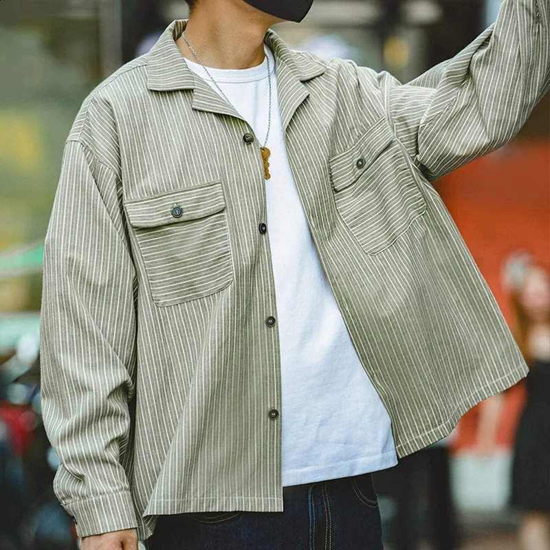 Maden Striped Cuban Collar Men Shirt Jap Retro Patchwork Vintage Pocket Longsleeved Polyester Cotton Spring Fall Trend 240824