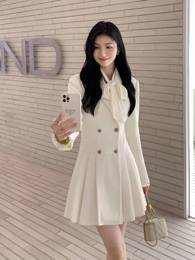 GkyocQ Spring Women Dress Elegant Turn Down Collar Long Sleeve Double Breasted High Waist A Line Pleated Mini Dress 240824