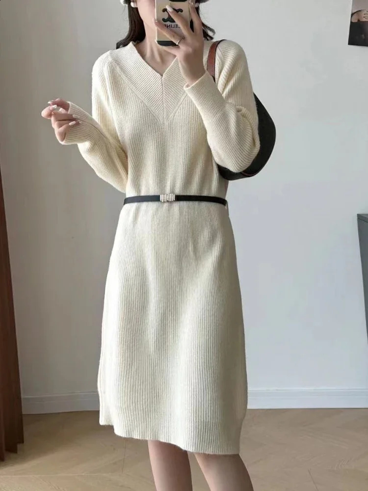 Party Temperament Slim Tweed Long Sleeved Woman knit Dress Vintage V-Neck Overknee Maxi Dresses for Women Vestidos Winter 240824