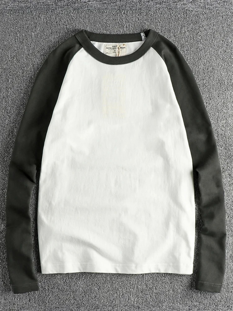 Autumn American Retro Heavyweight 240g Raglan Sleeve Color Splicing Tshirt Mens Fashion Pure Cotton Wash Loose Casual Top 240823